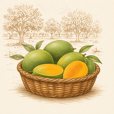 Basket of mangoes in the orchard
